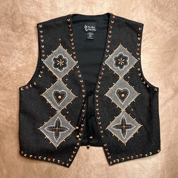 Vintage 90s Lemon Grass Floral Geometric Beaded Open Front Wool Vest Black Boho - Picture 1 of 10